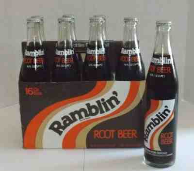 RARE Vtg Ramblin Root Beer 8 Pack 16 oz Full Bottles in Cardboard Carton 1981