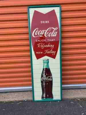 Large Vintage Coca Cola Vertical Fishtail  Advertising Sign 54" Original Metal A