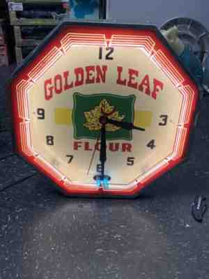 Rare 1920’s 1930’s Octagon NEON ADVERTISING CLOCK SIGN Golden Leaf Flour WOW