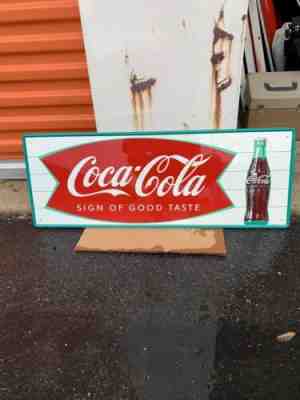 NOS 1964 Vintage COCA COLA Old Fishtail Logo & Bottle 31.5x12 tin Sign B