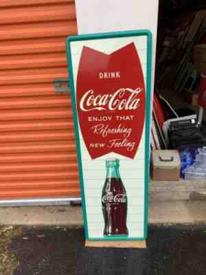 Large Vintage Coca Cola Vertical Fishtail  Advertising Sign 54" Original Metal D