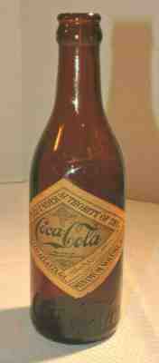 RARE STRAIGHT SIDE COCA COLA  PAPER LABEL AMBER BOTTLE  " MEMPHIS, TENN. " NICE
