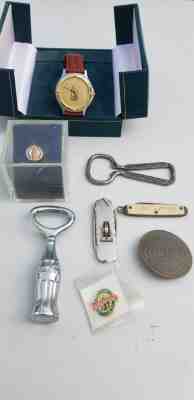 LOT: Vintage Coca Cola Employee Watch, 20 Year Pin, Pocket Knife, Vendor Badge
