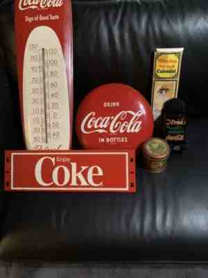 Coca Cola Vintage Antique Lot 1940’s Thermometer, NEAR MInT 12’ Original Button