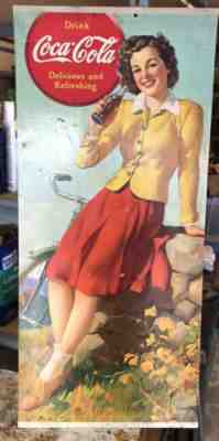 Vintage, 1939 Coca Cola Cardboard Sign, Litho, Drinking Coca-Cola 14” X 31 1/2”