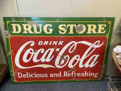 Rare Double Sides 1933 USA Drug Store Coca Cola Porcelain Sign 60” L X 42”T