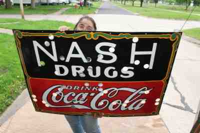 Large Coca Cola Nash Drugs Soda Pop Gas Oil 45" Porcelain Metal Neon Skin Sign