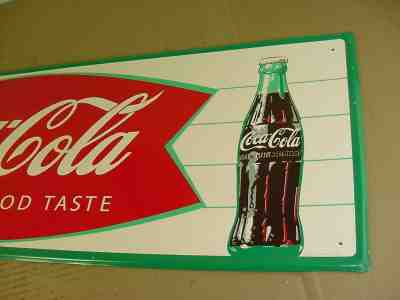 NEAR MINT 1964 Vintage COCA COLA Old Fishtail Logo & Bottle 32x12 inch tin Sign
