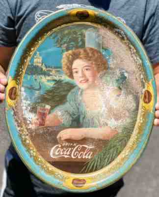 1909 16x13 Oval Coca-Cola Serving Tray Soda Sign Not Porcelain Gas And Oil Sign
