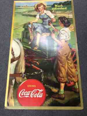 Vintage, 1943 Coca Cola Cardboard Sign, Litho, Work Refreshed.  Advertising