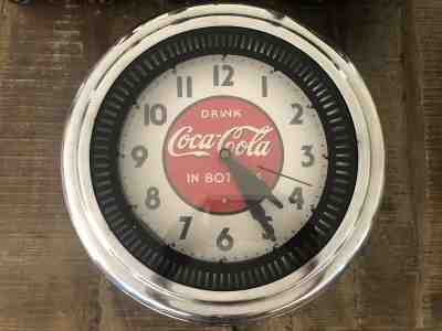 VINTAGE COCA COLA COKE ADVERTISING BLUE NEON SPINNER CLOCK CHICAGO, IL. CHROME 