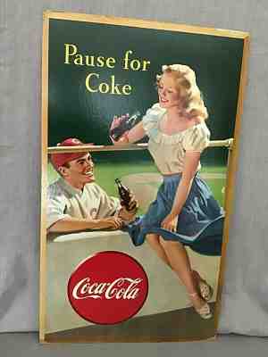 Original 1940's Coca Cola Girl Cardboard Poster 27” x 16” "Pause for a Coke" 