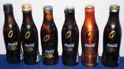 6 Different Coca-Cola Blak aluminium bottles, France, different closures