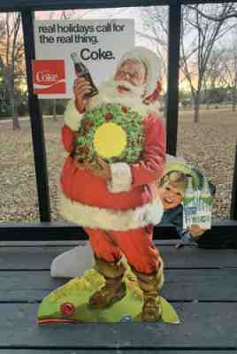 Vintage Santa Claus Stand-Up Cardboard Sign Display x2 Holiday Coca Cola Fresca