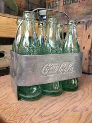 Vintage Metal Coke Carrier Coca-Cola & 6 Green Glass Bottles Various States
