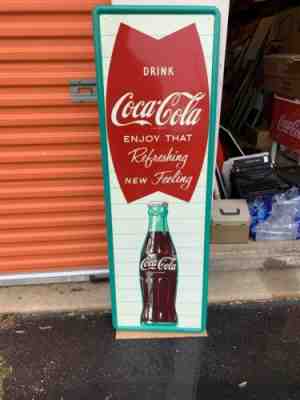 Large Vintage Coca Cola Vertical Fishtail  Advertising Sign 54" Original Metal C