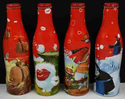 *X HTF! Full Happiness Factory Aluminum Coca Cola 4 Bottle Set Alu Coke Benelux