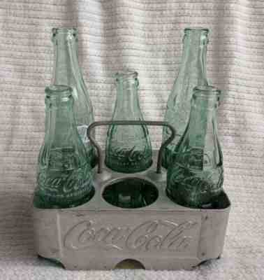 Vintage Coca-Cola Metal 6 Pack Carrying Holder Aluminum Case w/5 1950-60s Bottle