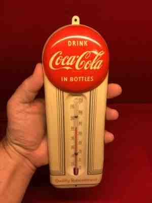 Stellar Exc Vtg 1950s Coca-Cola 9” Button Thermometer Metal Coke Sign Original