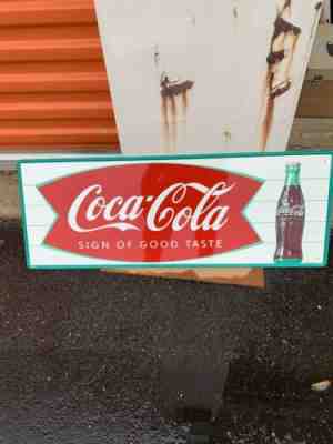 NOS 1964 Vintage COCA COLA Old Fishtail Logo & Bottle 31.5x12 tin Sign D