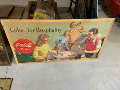 Vintage Coca-Cola Cardboard Sign BBQ Grill Coke for Hospitality GAS OIL SODA COL