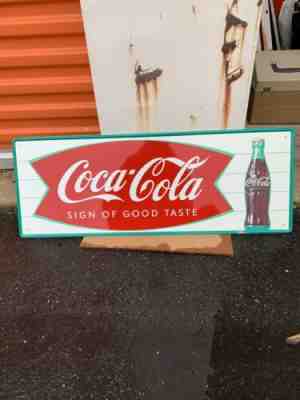 NOS 1964 Vintage COCA COLA Old Fishtail Logo & Bottle 31.5x12 tin Sign C