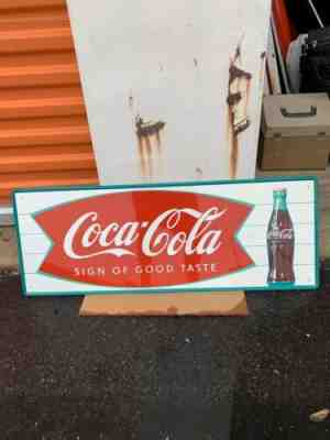 NOS 1964 Vintage COCA COLA Old Fishtail Logo & Bottle 31.5x12 tin Sign A