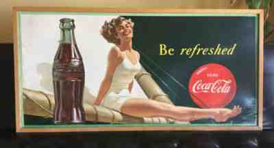 1949 Coca Cola "Be Refreshed" Pinup Girl Litho Cardboard Sign Wood Framed 60x31