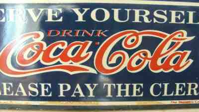 RARE SCARCE COCA COLA "SERVE YOURSELF" SODA FOUNTAIN PORCELAIN SIGN MINT!
