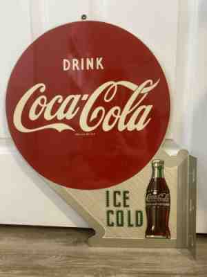 1957 Drink COCA COLA Bottle Double Sided Flange Metal Vintage Sign Ice Cold