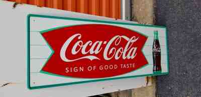 NOS 1964 Vintage COCA COLA Old Fishtail Logo & Bottle 31.5x12 tin Sign A