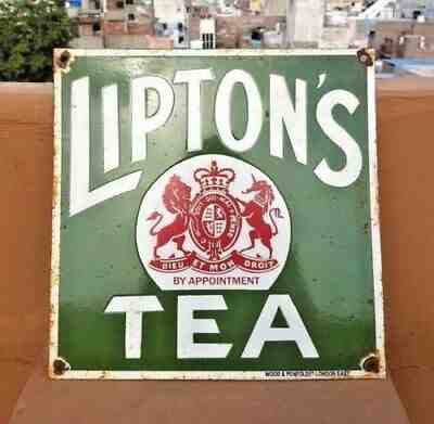 Original 1940's Old Vintage Rare Lipton Tea Porcelain Enamel Sign Board, LONDON