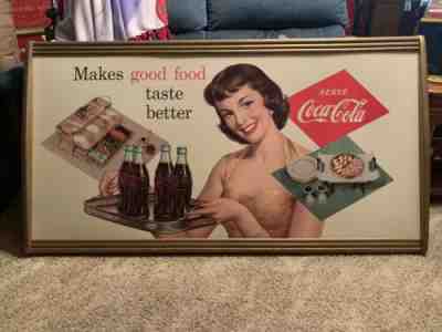 Coca Cola 1957 Double Sided Cardboard w/ Original Frame 27” x 56”