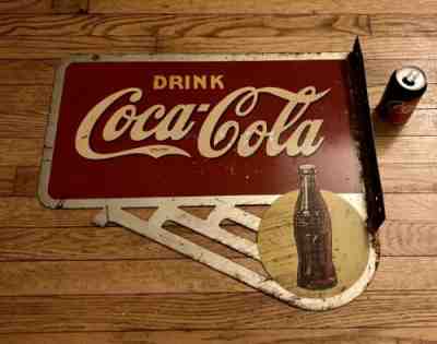 Vintage Original 1938 Drink Coca Cola Double Sided Metal Flange Sign AAW-2-38
