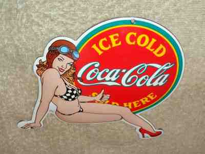 VINTAGE COCA COLA BIKINI PIN UP MODEL" 7" PORCELAIN METAL SODA GASOLINE OIL SIGN