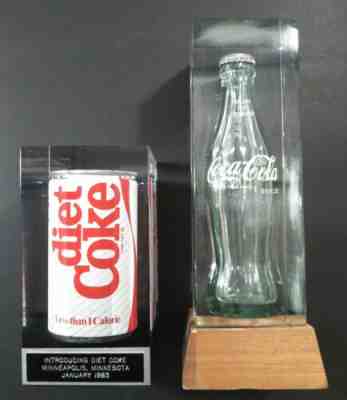 Rare 1983 Minneapolis Diet Coke introduction can In Lucite and Coca Cola Bottle