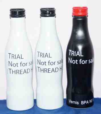 3 Aluminium Coca-Cola TEST Bottles full, France white H 4,4, H 5, Black Valspar