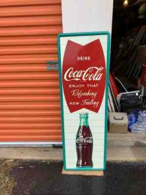 Large Vintage Coca Cola Vertical Fishtail  Advertising Sign 54" Original Metal B
