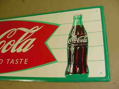 NEAR MINT 1966 Vintage COCA COLA Old Fishtail Logo & Bottle 32x12 inch tin Sign