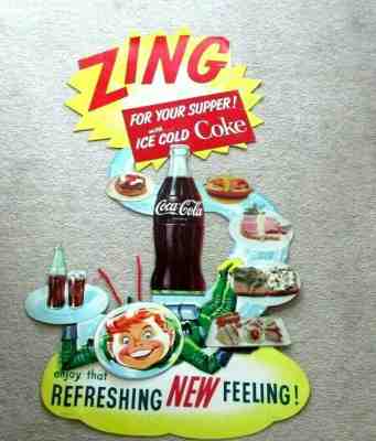 1961-COCA COLA ZING- SPACE BOY-ORG ACTUAL DIE CUT STORE DISPLAY SIGN- BOTTLE-58"
