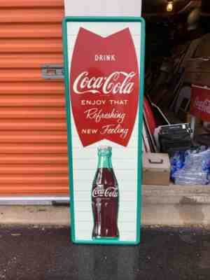 Large Vintage Coca Cola Vertical Fishtail  Advertising Sign 54" Original Metal A