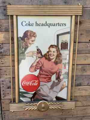 Vintage 1947 Coca Cola “Coke Headquarters” Cardboard 16” x 27” w/ Original Frame