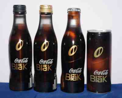 3 Different Coca-Cola Blak aluminium bottles, different closures + 1 BLAK can FR