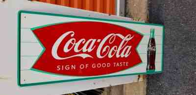 NOS 1964 Vintage COCA COLA Old Fishtail Logo & Bottle 31.5x12 tin Sign  B