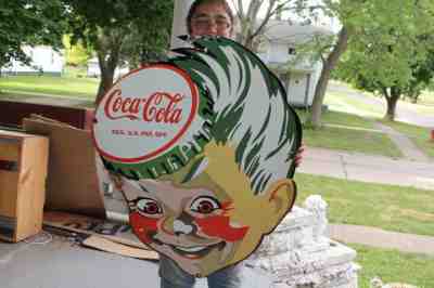 Large Coca Cola Sprite Boy Soda Pop Gas Station 36" Porcelain Metal Sign