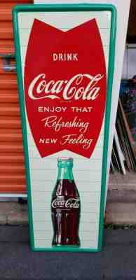 Large Vintage Coca Cola Vertical Fishtail  Advertising Sign 54" Original Metal C