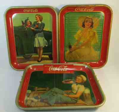 Lot 3 Amazing Vintage Original Coca-Cola Trays 1940s 1930s Tin Pin Ups 13 X 10