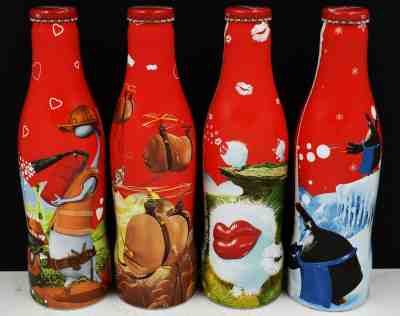 *X HTF! Full Happiness Factory Aluminum Coca Cola 4 Bottle Set Alu Coke Benelux