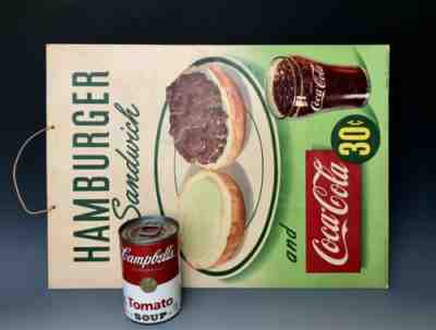 Original 1949 Hamburger & Coca-Cola 30c Cardboard Litho Advertising Diner Sign
