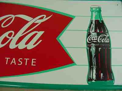 NEAR MINT 1966 Vintage COCA COLA Old Fishtail Logo & Bottle 32x12 inch tin Sign